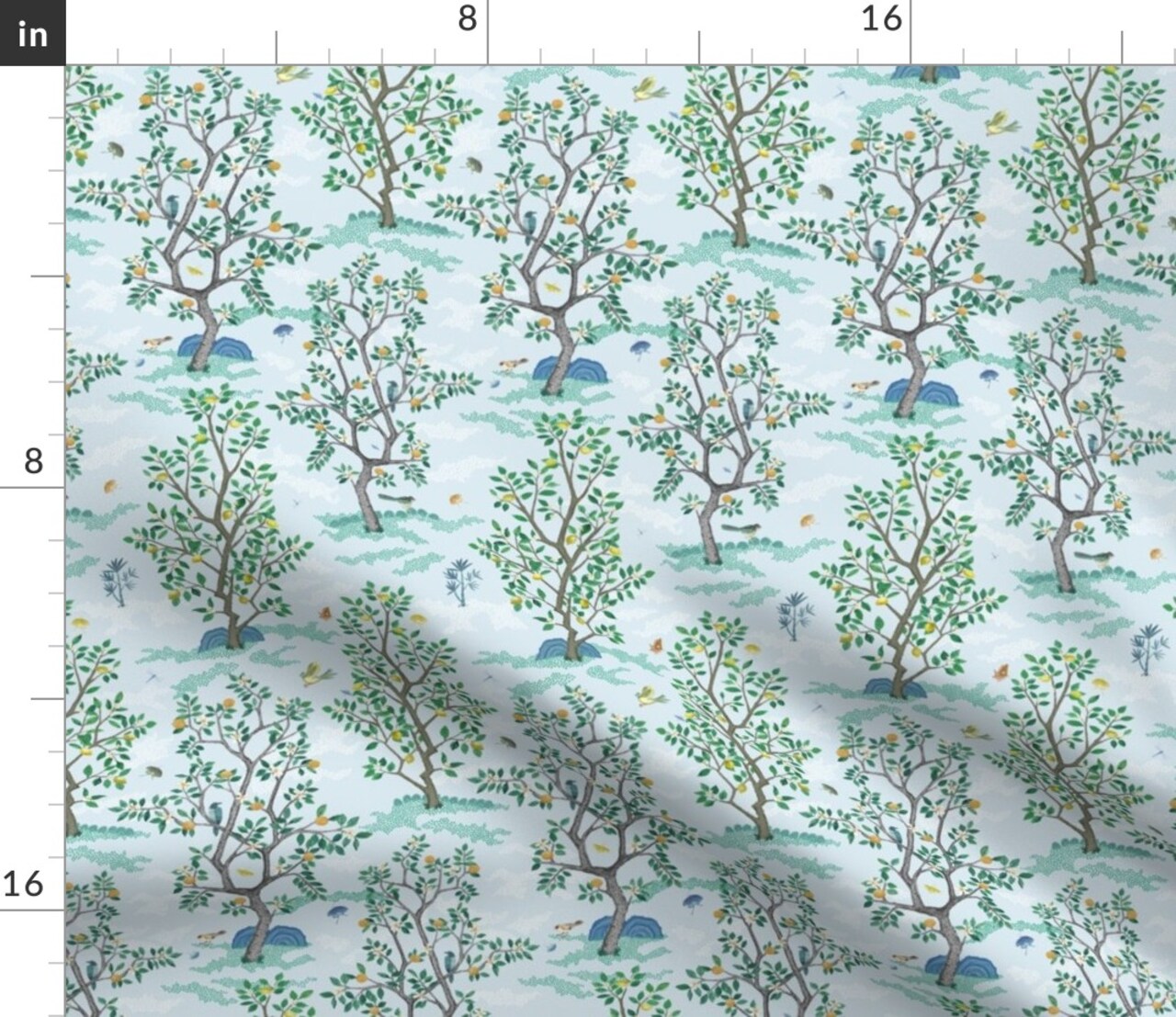Blue Floral Citrus Tree Botanical Toile Fruit Grove Woodland Farm Lemon Orange Lime Small Scale Custom Printed Fabric by Spoonflower Various Fabrics by the Yard or Fat Quarter